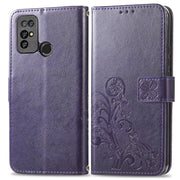 For  Doogee X96 Pro Four-leaf Clasp Embossed Buckle Mobile Phone Protection Leather Case with Lanyard & Card Slot & Wallet & Bracket Function(Purple)