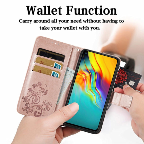 For  Doogee X96 Pro Four-leaf Clasp Embossed Buckle Mobile Phone Protection Leather Case with Lanyard & Card Slot & Wallet & Bracket Function(Purple)
