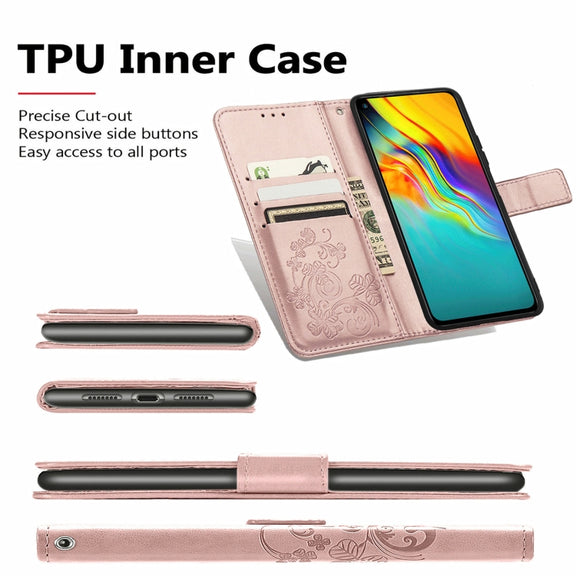 For  Doogee X96 Pro Four-leaf Clasp Embossed Buckle Mobile Phone Protection Leather Case with Lanyard & Card Slot & Wallet & Bracket Function(Purple)
