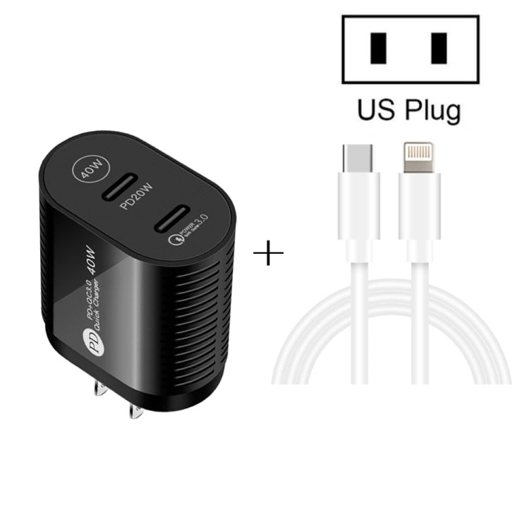 40W Dual Port PD / Type-C Fast Charger with Type-C to 8 Pin Data Cable, US Plug(Black)