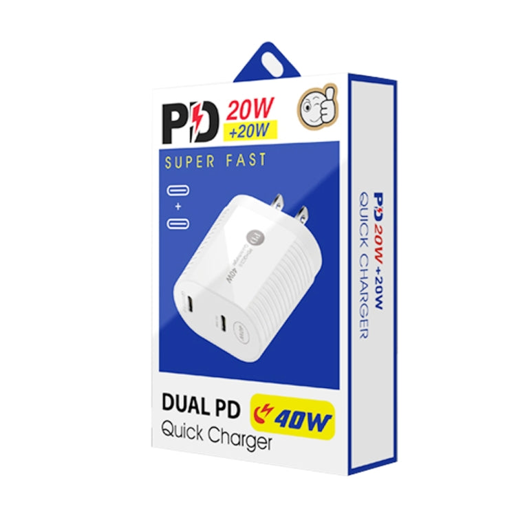 40W Dual Port PD / Type-C Fast Charger with Type-C to 8 Pin Data Cable, US Plug(Black)