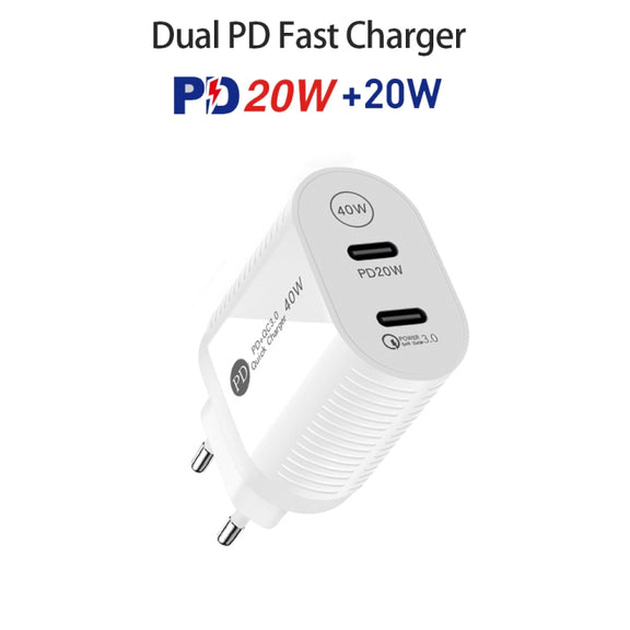 40W Dual Port PD / Type-C Fast Charger with Type-C to 8 Pin Data Cable, EU Plug(White)