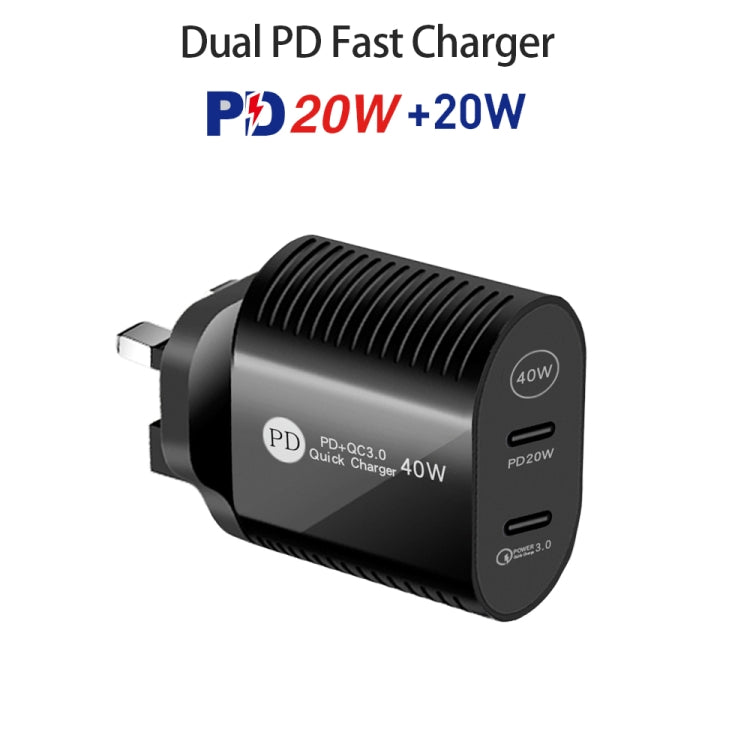 40W Dual Port PD / Type-C Fast Charger with Type-C to 8 Pin Data Cable, UK Plug(Black)