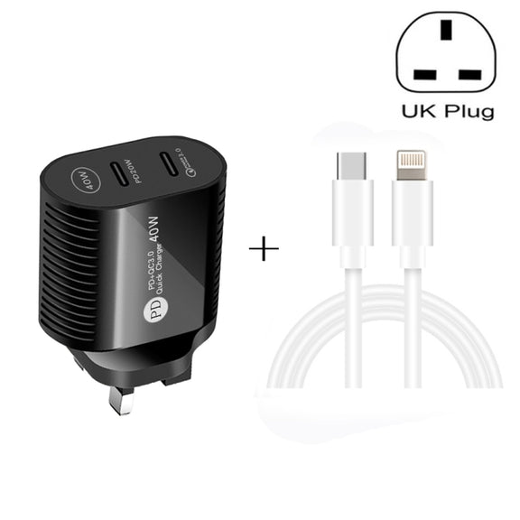40W Dual Port PD / Type-C Fast Charger with Type-C to 8 Pin Data Cable, UK Plug(White)