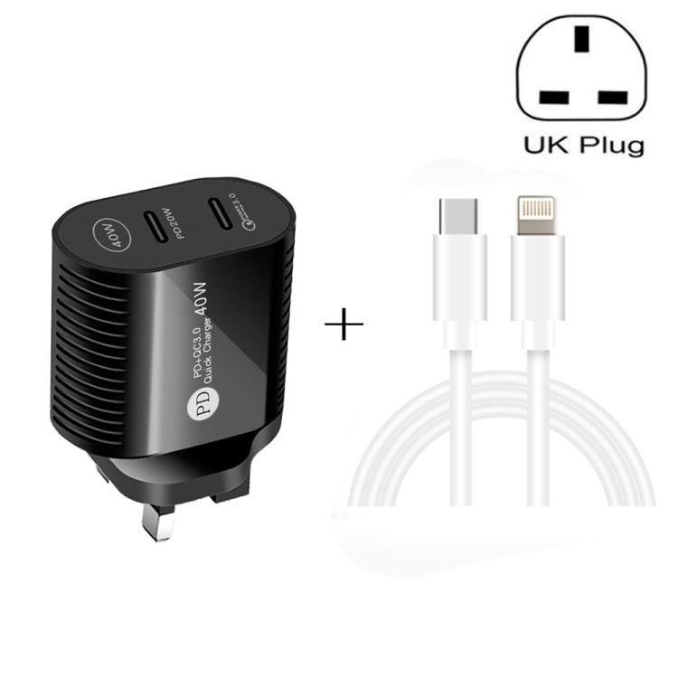 40W Dual Port PD / Type-C Fast Charger with Type-C to 8 Pin Data Cable, UK Plug(White)