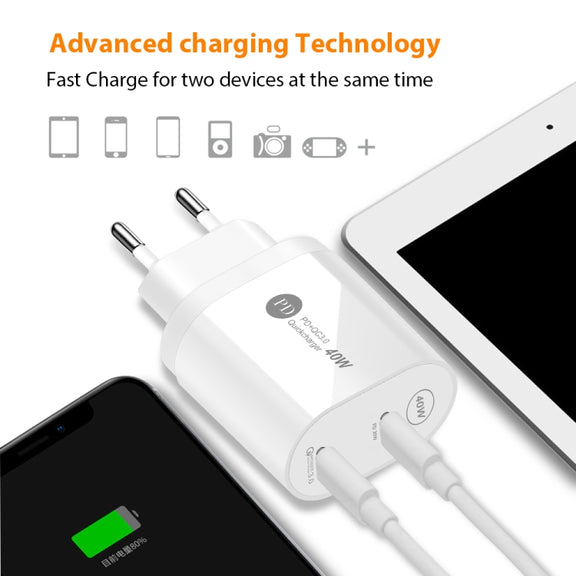 40W Dual Port PD / Type-C Fast Charger with Type-C to 8 Pin Data Cable, UK Plug(White)