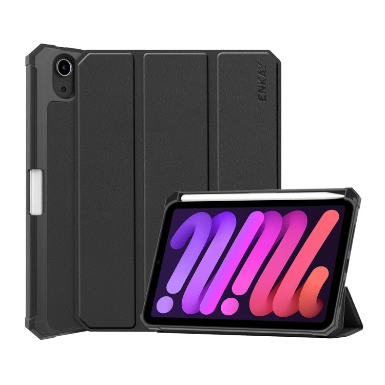 For iPad mini 2024 / mini 6 ENKAY Custer Texture Horizontal Flip PU+TPU Leather Tablet Case with Three-folding Holder & Sleep / Wake-up Function & Pen Holder(Black) - free shipping - PMc TechLife - Order now!