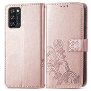 For Blackview A100 Four-leaf Clasp Embossed Buckle Mobile Phone Protection Leather Case with Lanyard & Card Slot & Wallet & Bracket Function(Rose Gold)