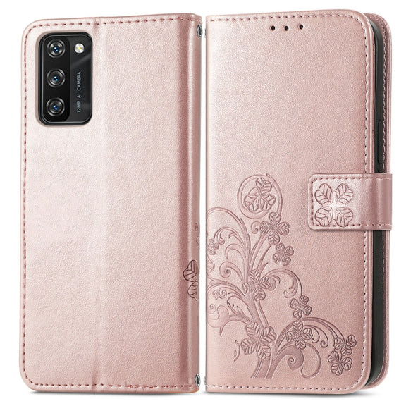 For Blackview A100 Four-leaf Clasp Embossed Buckle Mobile Phone Protection Leather Case with Lanyard & Card Slot & Wallet & Bracket Function(Rose Gold)