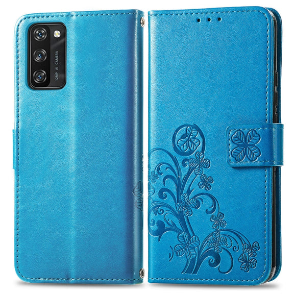 For Blackview A100 Four-leaf Clasp Embossed Buckle Mobile Phone Protection Leather Case with Lanyard & Card Slot & Wallet & Bracket Function(Blue)