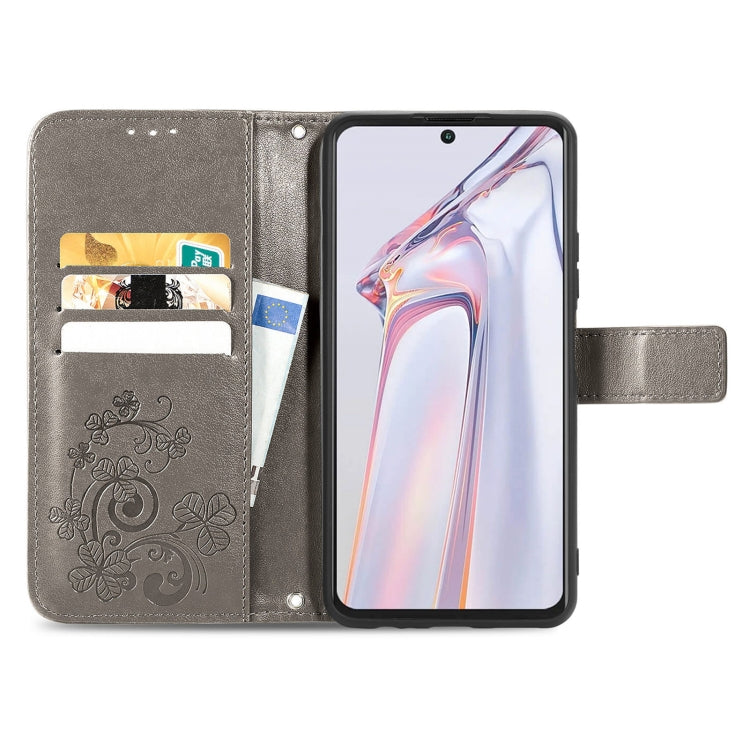 For Blackview A100 Four-leaf Clasp Embossed Buckle Mobile Phone Protection Leather Case with Lanyard & Card Slot & Wallet & Bracket Function(Grey) - free shipping - PMC TechLife - Order now!