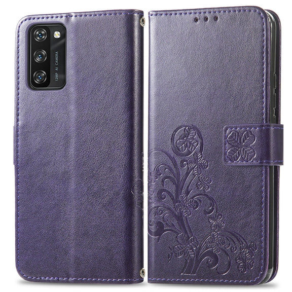 For Blackview A100 Four-leaf Clasp Embossed Buckle Mobile Phone Protection Leather Case with Lanyard & Card Slot & Wallet & Bracket Function(Purple)