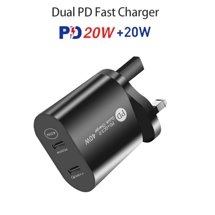 002 40W Dual Port PD USB-C / Type-C Fast Charger for iPhone / iPad Series, UK Plug(Black)