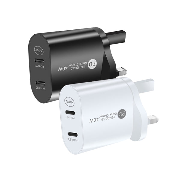 002 40W Dual Port PD USB-C / Type-C Fast Charger for iPhone / iPad Series, UK Plug(Black)