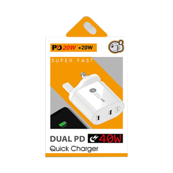 002 40W Dual Port PD USB-C / Type-C Fast Charger for iPhone / iPad Series, UK Plug(Black)