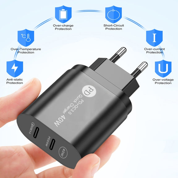 002 40W Dual Port PD USB-C / Type-C Fast Charger for iPhone / iPad Series, UK Plug(Black)