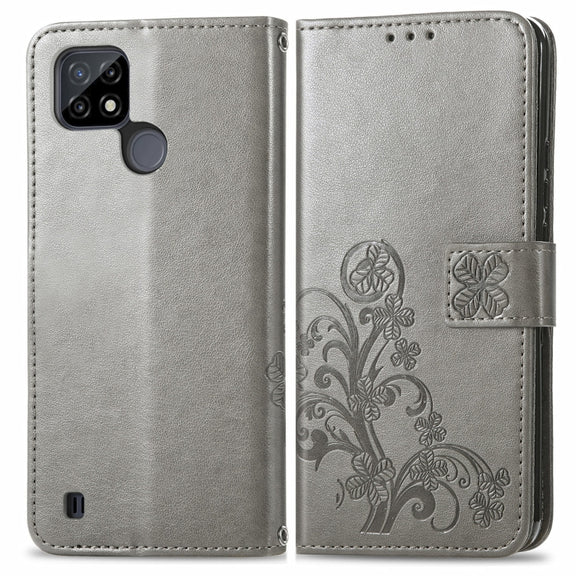 For OPPO Realme C21Y Four-leaf Clasp Embossed Leather Case with Lanyard & Card Slot & Wallet & Holder(Grey)