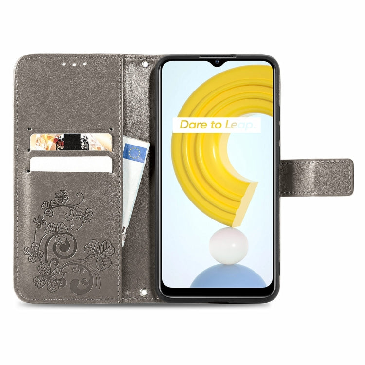 For OPPO Realme C21Y Four-leaf Clasp Embossed Leather Case with Lanyard & Card Slot & Wallet & Holder(Grey)