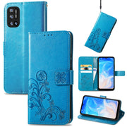 For DOOGEE N40 Pro Four-leaf Clasp Embossed Leather Case with Lanyard & Card Slot & Wallet & Holder(Blue)