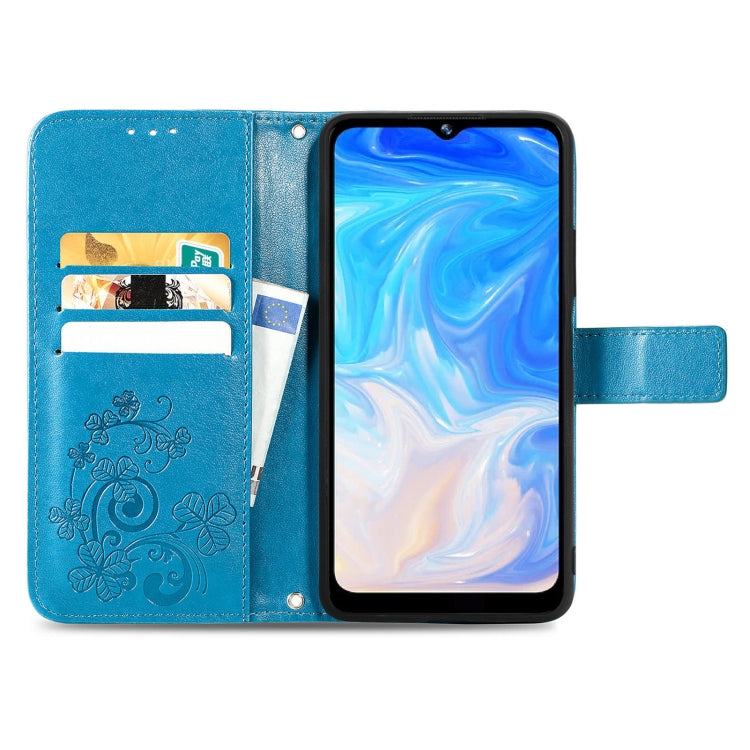 For DOOGEE N40 Pro Four-leaf Clasp Embossed Leather Case with Lanyard & Card Slot & Wallet & Holder(Blue)