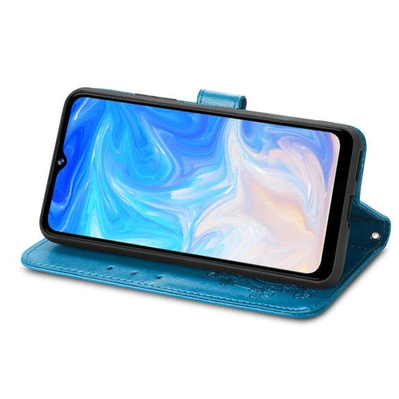 For DOOGEE N40 Pro Four-leaf Clasp Embossed Leather Case with Lanyard & Card Slot & Wallet & Holder(Blue)