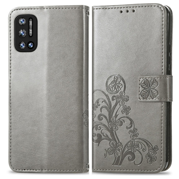 For DOOGEE N40 Pro Four-leaf Clasp Embossed Leather Case with Lanyard & Card Slot & Wallet & Holder(Grey)