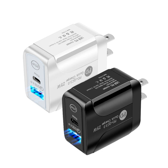 PD25W USB-C / Type-C + QC3.0 USB Dual Ports Fast Charger, US Plug(Black)
