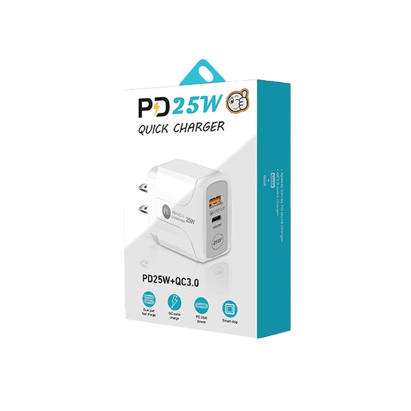 PD25W USB-C / Type-C + QC3.0 USB Dual Ports Fast Charger, US Plug(Black)