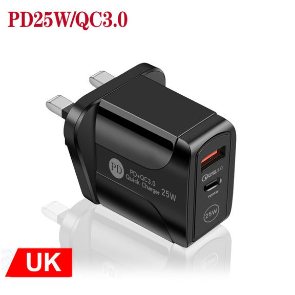 PD25W USB-C / Type-C + QC3.0 USB Dual Ports Fast Charger, UK Plug(Black)