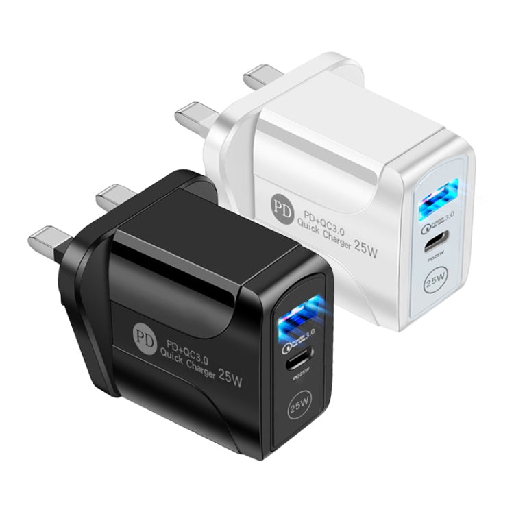 PD25W USB-C / Type-C + QC3.0 USB Dual Ports Fast Charger with USB-C to 8 Pin Data Cable, UK Plug(White)