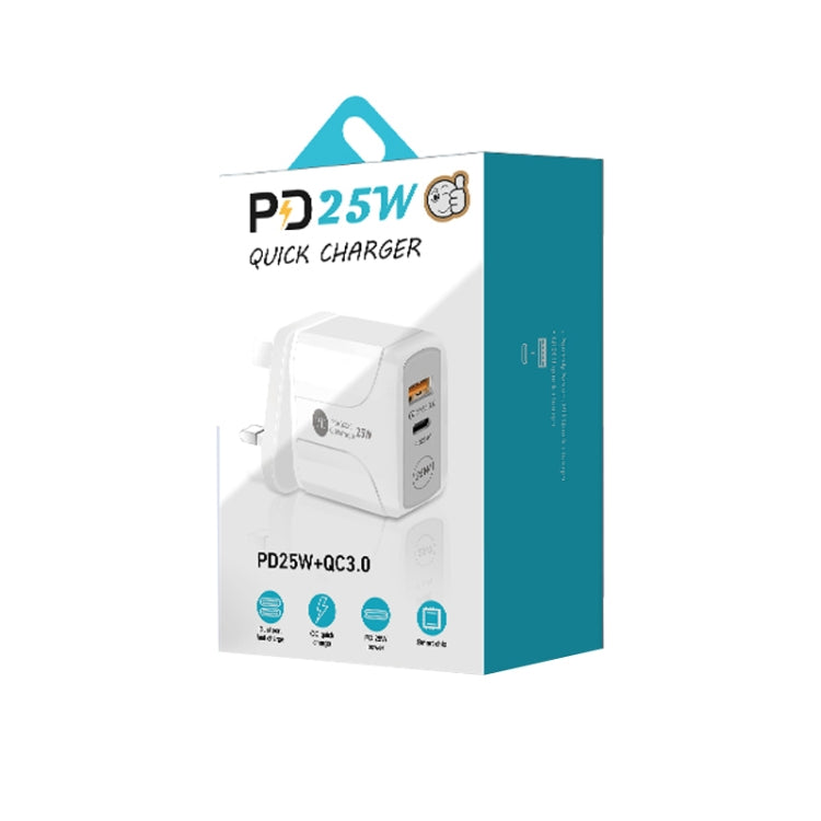 PD25W USB-C / Type-C + QC3.0 USB Dual Ports Fast Charger with USB-C to 8 Pin Data Cable, UK Plug(White)