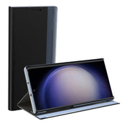 For Samsung Galaxy S22 Ultra 5G Plain Texture Cloth Attraction Flip Holder Leather Phone Case(Dark Blue)