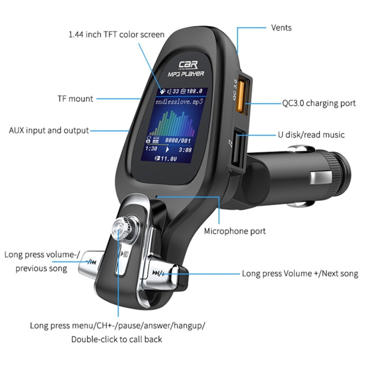 BT28 Car Color Screen Bluetooth MP3 Player AUX FM Transmitter QC3.0 - Bluetooth Car Kits by PMC TechLife | Online Shopping South Africa | PMC TechLife | Buy Now Pay Later Mobicred