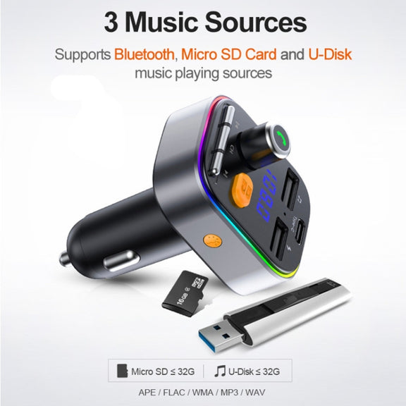 T48C Car Bluetooth 5.0 Fm Transmitter Kit Dual USB with Type-C 5V 2.4A Car Charger