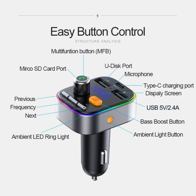 T48C Car Bluetooth 5.0 Fm Transmitter Kit Dual USB with Type-C 5V 2.4A Car Charger - Bluetooth Car Kits by PMC TechLife | Online Shopping South Africa | PMC TechLife | Buy Now Pay Later Mobicred