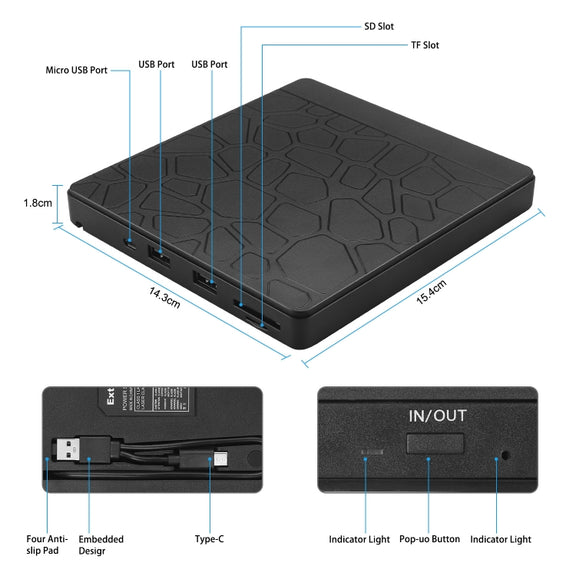 Multi-Functional External DVD Drive USB3.0 CD DVD +/-RW Burner with SD Slot