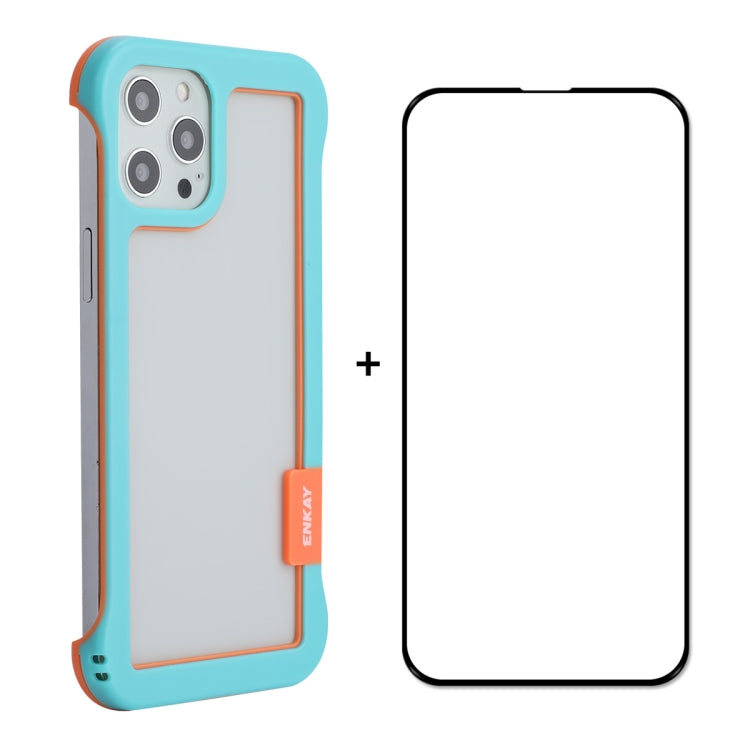For iPhone 12 Pro Max ENKAY Frameless Hollow PC Case + Glass Film(Blue) - iPhone 12 Pro Max Cases by ENKAY | Online Shopping South Africa | PMC TechLife | Buy Now Pay Later Mobicred