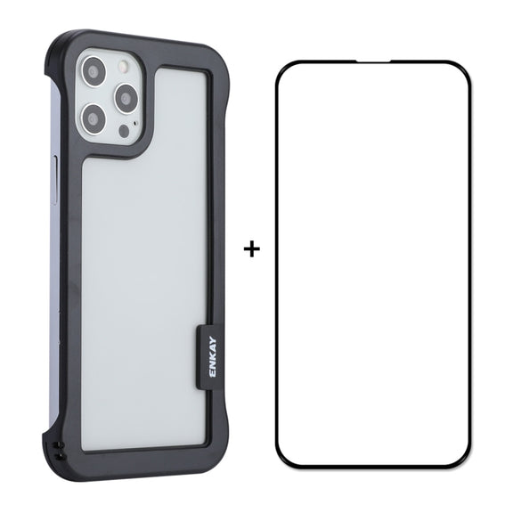 For iPhone 12 Pro Max ENKAY Frameless Hollow PC Case + Glass Film(Black)