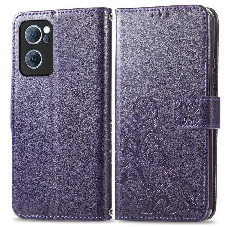 For OPPO Reno7 5G Four-leaf Clasp Embossed Buckle Leather Phone Case(Purple) - OPPO Cases by PMC TechLife | Online Shopping South Africa | PMC TechLife | Buy Now Pay Later Mobicred
