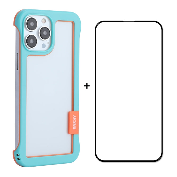 For iPhone 13 Pro Max ENKAY Frameless Hollow PC Case + Glass Film (Blue) - iPhone 13 Pro Max Cases by ENKAY | Online Shopping South Africa | PMC TechLife | Buy Now Pay Later Mobicred