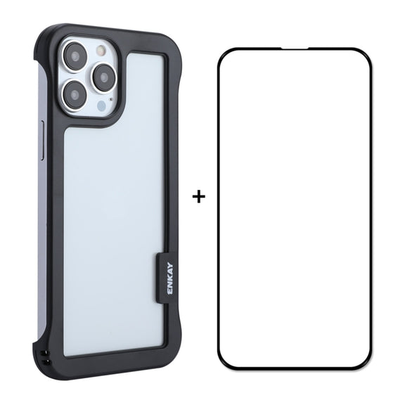 For iPhone 13 Pro ENKAY Frameless Hollow PC Case + Glass Film (Black)