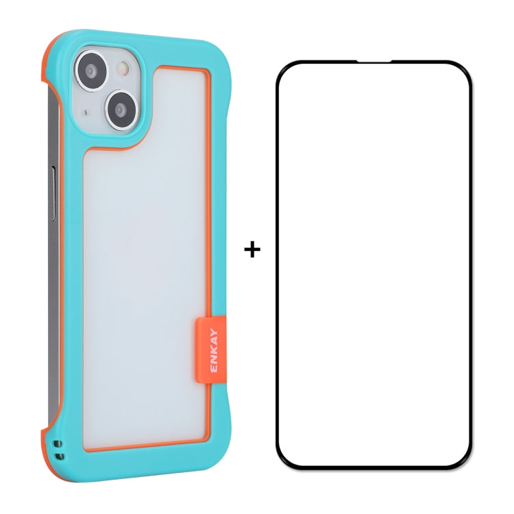 For iPhone 13 ENKAY Frameless Hollow PC Case + Glass Film(Blue) - iPhone 13 Cases by ENKAY | Online Shopping South Africa | PMC TechLife | Buy Now Pay Later Mobicred