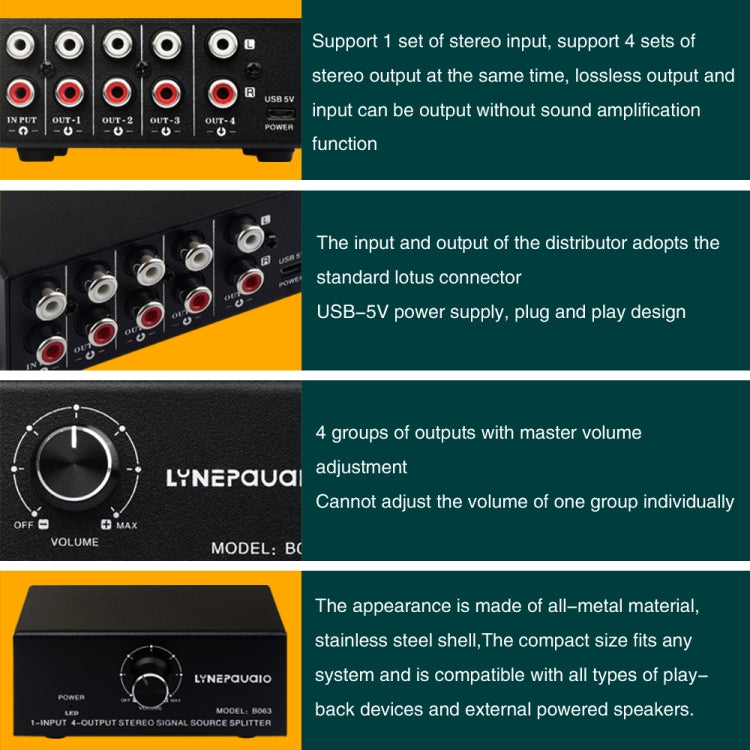 1 In 4 Out Audio Frequency Signal Distribute Device Non Consumption Output RCA Interface