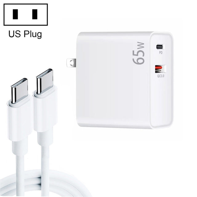 PD-65W USB-C / Type-C + QC3. 0 USB Laptop Charging Adapter + 2m USB-C / Type-C to USB-C / Type-C Data Cable Set, US Plug(White)