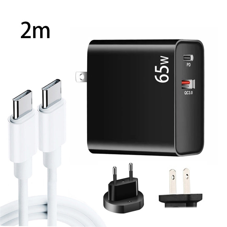 PD-65W USB-C / Type-C + QC3. 0 USB Laptop Charging Adapter + 2m USB-C / Type-C to USB-C / Type-C Data Cable Set, EU Plug / US Plug(Black) - Cable & Adapter by PMC Jewellery | Online Shopping South Africa | PMC Jewellery | Buy Now Pay Later Mobicred