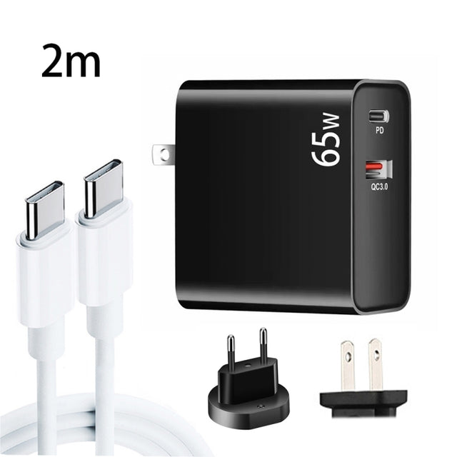 PD-65W USB-C / Type-C + QC3. 0 USB Laptop Charging Adapter + 2m USB-C / Type-C to USB-C / Type-C Data Cable Set, EU Plug / US Plug(Black)