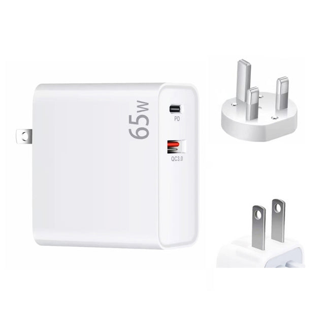 PD-65W USB-C / Type-C + QC3. 0 USB Laptop Charging Adapter, UK Plug / US Plug(White)