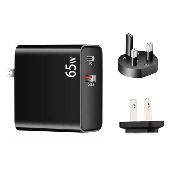 PD-65W USB-C / Type-C + QC3. 0 USB Laptop Charging Adapter + 2m USB-C / Type-C to USB-C / Type-C Data Cable Set, UK Plug / US Plug(Black)