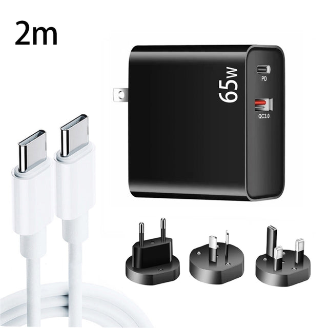 PD-65W USB-C / Type-C + QC3. 0 USB Laptop Charging Adapter + 2m USB-C / Type-C to USB-C / Type-C Data Cable Set, EU Plug / AU Plug / US Plug / UK Plug(Black)