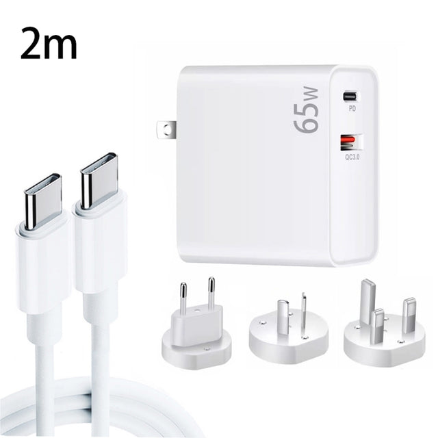 PD-65W USB-C / Type-C + QC3. 0 USB Laptop Charging Adapter + 2m USB-C / Type-C to USB-C / Type-C Data Cable Set, EU Plug / AU Plug / US Plug / UK Plug(White)